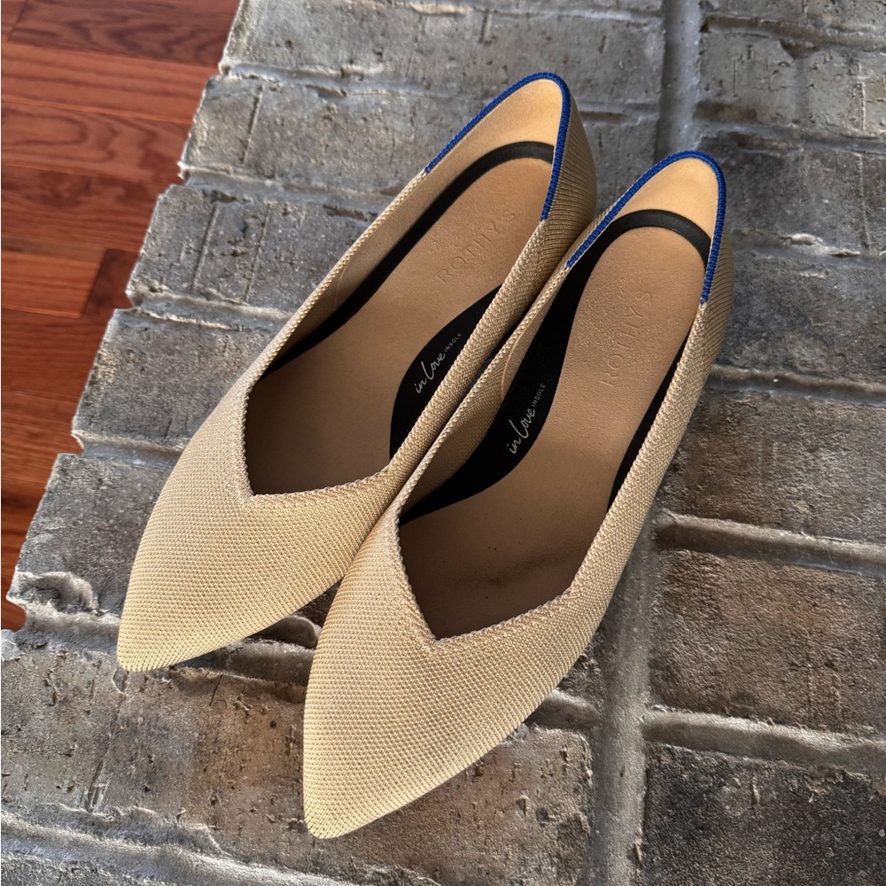Rothy's Tan Pointed-Toe Flats with Black Trim